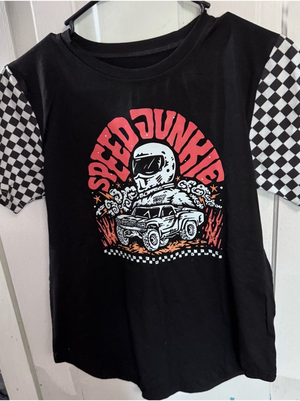 Strictly Wild Speed Junkie Black Graphic Tee with Checkerboard Sleeves